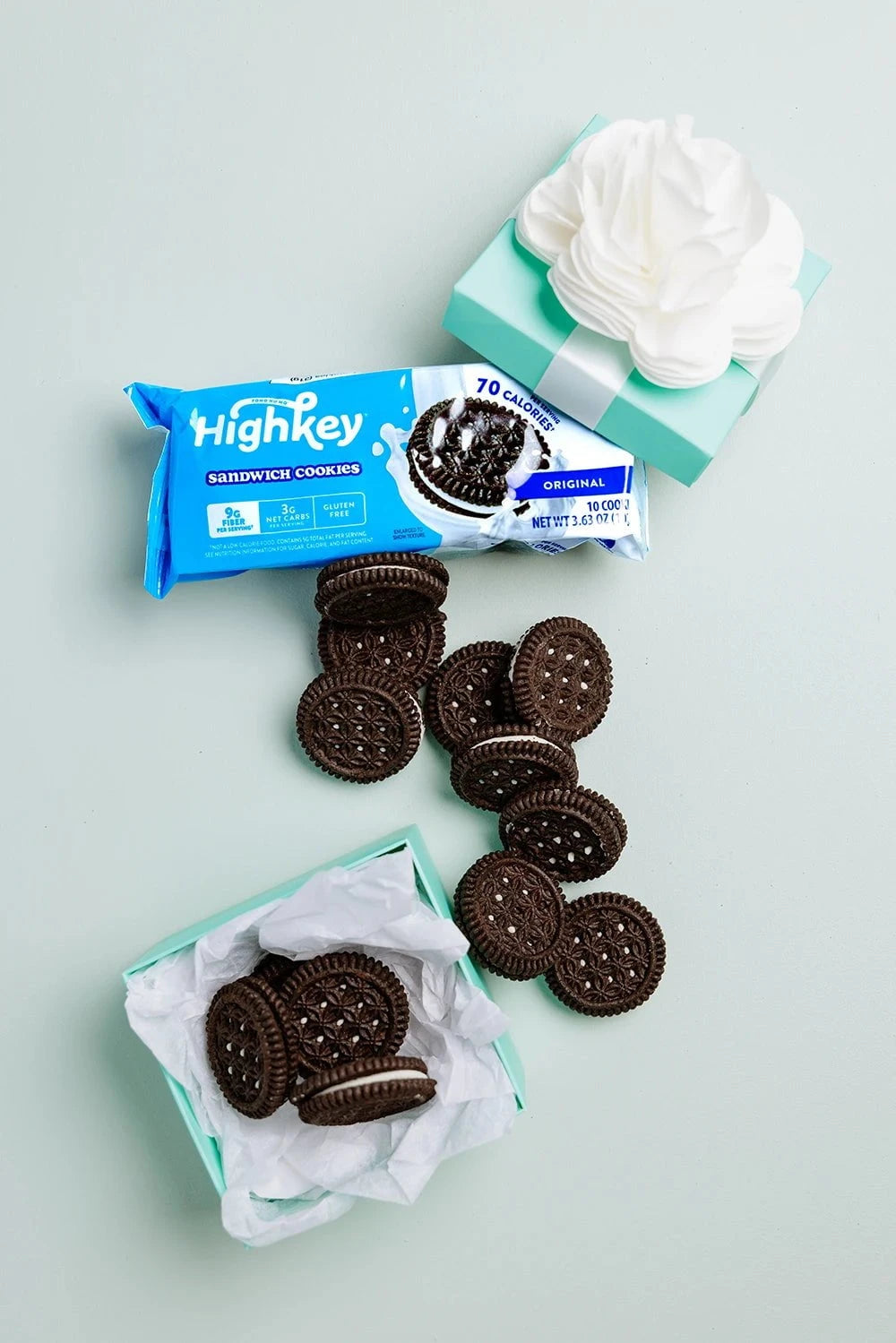 highkey sugar free gluten free chocolate sandwich cookies with a tiffany style gift box